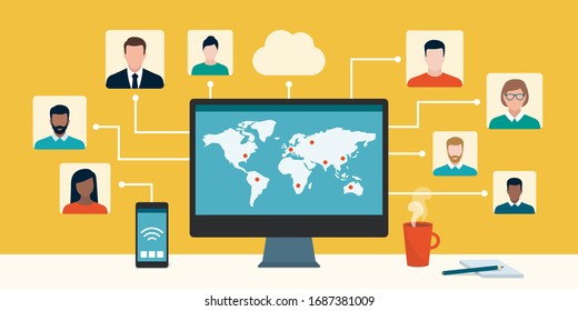 Professional workers and freelancers from all over the world connecting and working together online, teleworking concept