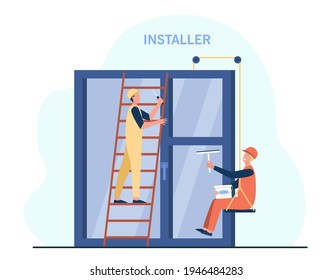 Professional workers installing window. Ladder, installer, glass flat vector illustration. Renovation and construction concept for banner, website design or landing web page