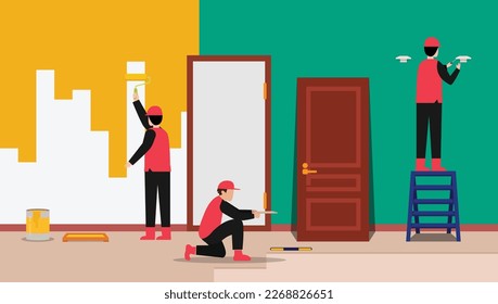 trabajadores profesionales instalando pared de pintura de ventanas y reparando el piso 2d concepto de ilustración vectorial para banner, sitio web, ilustración, página de aterrizaje, volante, etc.