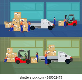 Professional workers load the goods in the warehouse using a forklift. Vector illustration