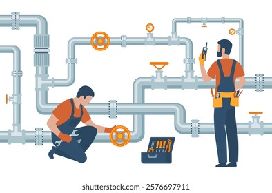 Professional workers service pipelines. Repair and maintenance of utility lines
