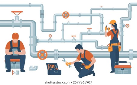 Professional workers service pipelines. Repair and maintenance of utility lines