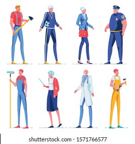 Professional Workers Set Flat Cartoon Vector Illustration. Lumberjack with Axe, Football Coach. Office Worker with Gray Hair. Overweight Policeman. Decorator, Teacher Holding Pointer. Doctor.