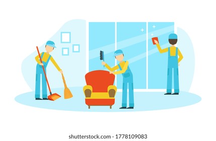 Trabajadores profesionales en ventana de limpieza uniforme y piso de compras en habitación, personal de limpieza en iluminación de vectores planos de trabajo