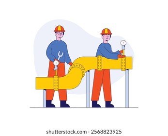 Professional workers are working on repairing industrial machines. Character design. Vector flat illustration
