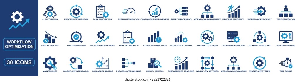 Professional workflow optimization and efficiency solid icon set featuring workflow automation, agile workflow, AI automation, process improvement, task optimization, cost efficiency, time saving, productivity tracking, quality control, and performance analytics. Perfect for business dashboards, enterprise software, presentations, and productivity platforms.