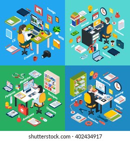 Professional workplaces of business startup manager and medical doctor 4 isometric icons square composition abstract vector isolated illustration