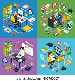 Professional workplaces of freelance art designer teacher and engineer 4 isometric icons square composition abstract vector isolated illustration