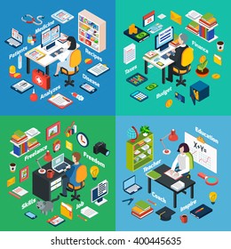 Professional workplaces of freelance photographer teacher and financial  advisor 4 isometric icons square abstract vector isolated illustration