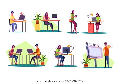 Professional at workplaces set. Man and woman working on desktop, laptop, tablet, blueprint. Business concept. Vector illustration for posters, presentations, landing pages