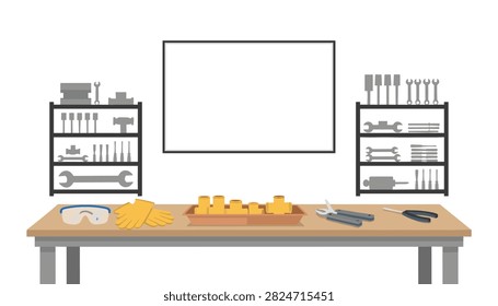 Professional workshop setup with a wooden table, safety goggles, work gloves, brass pipe fittings, and shelves stocked with organized mechanical hand tools.