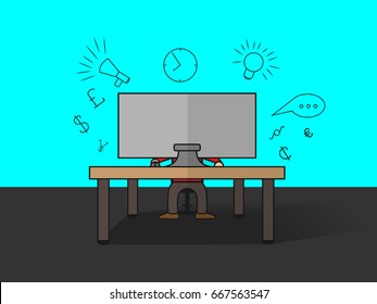 Professional Workspace of Developer, Programmer, System Administrator, Designer, or freelancer with desk, chair, computer. Vector Illustration of business project or startup concept. 