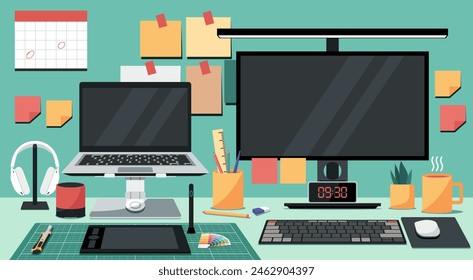 Professional Workspace at Home with Desktop, Laptop, Graphic Tablet, Cutting Mat and Office Supplies, Showcasing a Creative and Organized Work Environment, Flat Vector Illustration Design