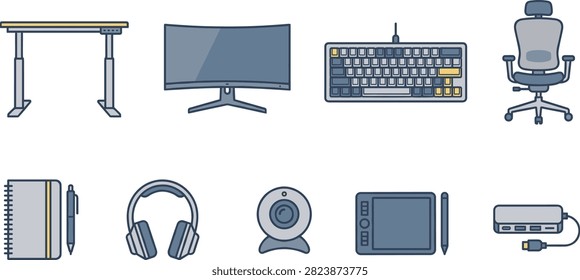 Professional workspace icon set featuring an adjustable desk, curved monitor, mechanical keyboard, ergonomic chair, notebook, headphones, webcam, drawing tablet, and USB hub. Ideal for remote work, office equipment, productivity apps, technology websites, UI UX design, and digital workspace illustrations.