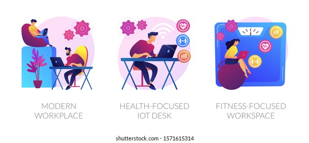 Professional workspace icons set. Smart personal space, employee care. Modern workplace, health-focused IOT desk, fitness-focused workspace metaphors. Vector isolated concept metaphor illustrations