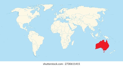 Ilustração profissional do mapa mundial indicando a localização territorial maciça da Austrália em toda a região do hemisfério sul