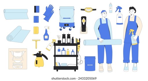 Professionelle Verpackungsfolieninstallateure. Fahrzeugverpackungsset. Fahrzeugdetails. Auto reparieren. Sammlung von isolierten Automobil-Service-Tools. Vektor-Illustration in flach mit Umriss.