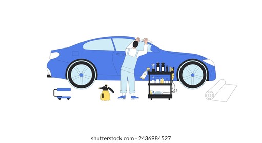 Instaladores profesionales de película envolvente de vehículos con detalles de coches en estudio. Reparar auto. Ilustración vectorial en plano con contorno.