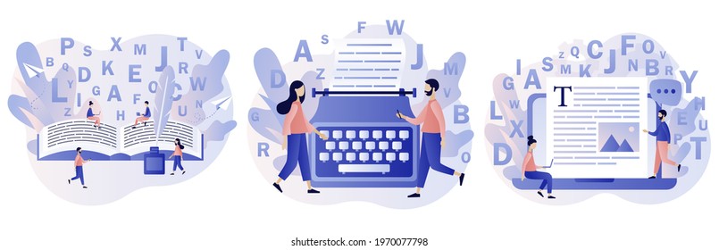 Professional writer, author, redactor, journalist, copywriter, content manager, blogger. Tiny creative people typing or write text. Modern flat cartoon style. Vector illustration on white background