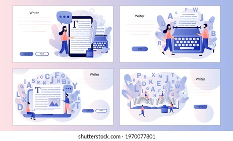 Professional writer, author, redactor, journalist, copywriter, content manager, blogger. Screen template for landing page, template, ui, web, mobile app, poster, banner, flyer. Vector illustration