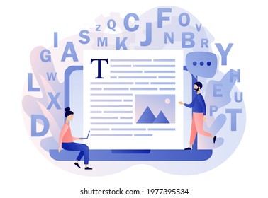 Professional writer, author, redactor, journalist, copywriter, content manager, blogger. Tiny creative people typing text on laptop. Modern flat cartoon style. Vector illustration on white background