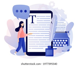 Professional writer, author, redactor, journalist, copywriter, content manager, blogger. Tiny creative woman typing text in smartphone app. Modern flat cartoon style. Vector illustration 