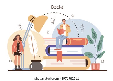 Professional writer concept. Author writing script of a novel. Bestseller publishing. Idea of creative literature profession. Flat vector illustration