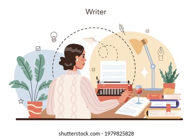 Professional writer concept. Author writing script of a novel. Bestseller publishing. Idea of creative literature profession. Flat vector illustration