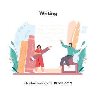 Professional writer concept. Author writing script of a novel. Bestseller publishing. Idea of creative literature profession. Flat vector illustration