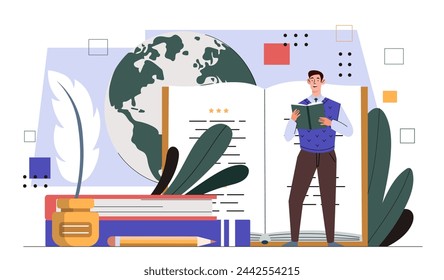 Professional writer concept. Man with feather and book. Talented athor and copywriter with textbook or fiction. Freelancer create interesting content or story. Cartoon flat vector illustration