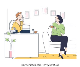 Professional writer at home. Woman copywriter writes text. Manager or clerk at workplace with client. Comfortable workplace for freelancer. Linear vector illustration isolated on white background