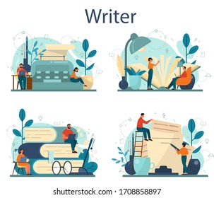 Professional writer or journalist concept illustration set. Idea of creative people and profession. Author writing script of a novel. Isolated vector illustration in flat style