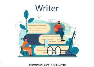 Professional Writer Or Journalist Concept Illustration. Idea Of Creative People And Profession. Author Writing Script Of A Novel. Isolated Vector Illustration In Flat Style