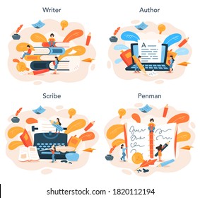 Conjunto de ilustraciones conceptuales de escritores profesionales o periodistas. Idea de gente creativa y profesión. Escritor escribiendo guion de una novela. Ilustración vectorial aislada en estilo plano