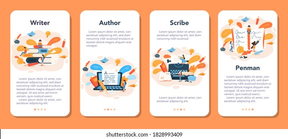 Professional writer or journalist mobile application banner set. Idea of creative people and profession. Author writing script of a novel. Isolated vector illustration in flat style