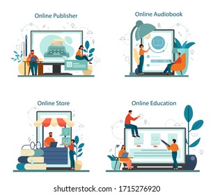 Professional writer or journalist online service or platform on differernt device concept set. Online publisher and course. Book store and audiobook platform. Isolated vector illustration