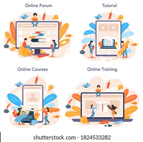 Professional writer or journalist online service or platform set. Idea of creative people and profession. Online course, forum, tutorial, training. Isolated vector illustration in flat style