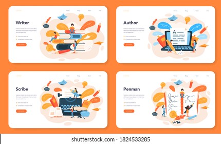 Professional writer or journalist web banner or landing page set. Idea of creative people and profession. Author writing script of a novel. Isolated vector illustration in flat style