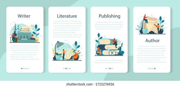 Professional writer, literature mobile application banner set. Idea of creative people and profession. Author writing script of a novel. Isolated vector illustration in flat style