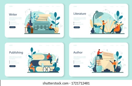 Professional writer, literature web banner or landing page set. Idea of creative people and profession. Author writing script of a novel. Isolated vector illustration in flat style