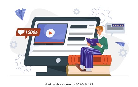 Escritor profissional online. Homem com livro perto de monitor de computador. Talentoso autor e copywriter. Especialista em SEO. Freelancer e trabalhador remoto. Ilustração de vetor plano