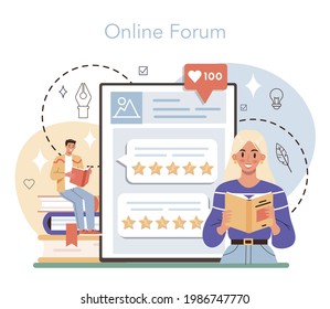 Professional writer online service or platform. Author writing script of a novel. Bestseller publishing. Idea of creative literature profession. Online forum. Flat vector illustration
