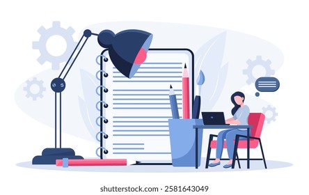 Professional writer online. Woman with laptop near notebook. Talented author writes articles and content for website. Freelancer makes money on Internet. Flat vector illustration