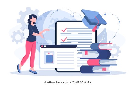 Professional writer online. Woman near stack of books and graduation cap. Talented author writes articles for site. Copywriter creates interesting content for social networks. Flat vector illustration