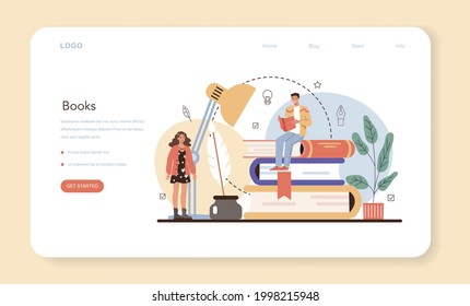 Professional writer web banner or landing page. Author writing script of a novel. Bestseller publishing. Idea of creative literature profession. Flat vector illustration