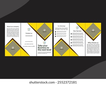 Professionelle gelbe und graue Business Tri-Fold Broschüre Design-Vorlage für Corporate Marketing und Werbung, mit einem sauberen Layout mit fett geometrischen Formen, anpassbare Abschnitte für Über uns