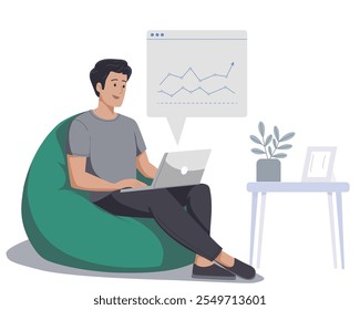 Professional Yet Relaxed: Illustration of a Businessman on a Bean Bag, Laptop Open for Analysis and Insights