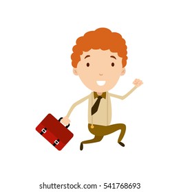 Professional Young Business Man Flat Character. Isolated in white background. Running chasing holding a suitcase.