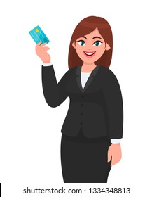 Professional young business woman showing or holding credit/debit/ATM card. Female executive displaying banking card. Modern lifestyle, digital technology payment concept illustration in cartoon.