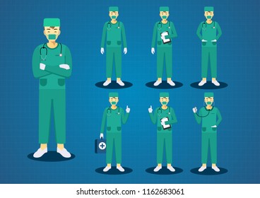 The professional young doctors green scrub uniform short brown hairs all action character design set 